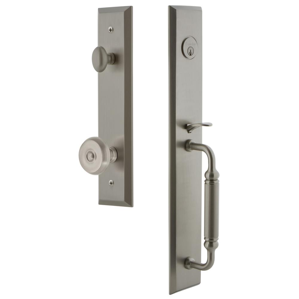 Grandeur by Nostalgic Warehouse FAVCGRBOU Fifth Avenue One-Piece Handleset with C Grip and Bouton Knob in Satin Nickel